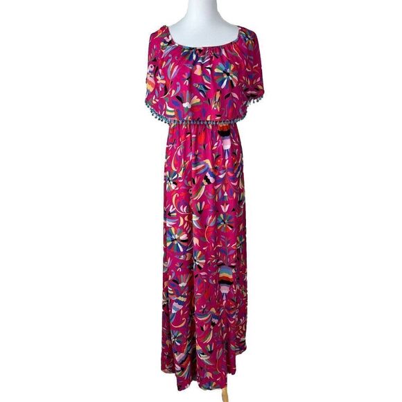 Judith March Dress Size Small Pink Parrot Tropical Maxi Off Shoulder Boho - Picture 2 of 9